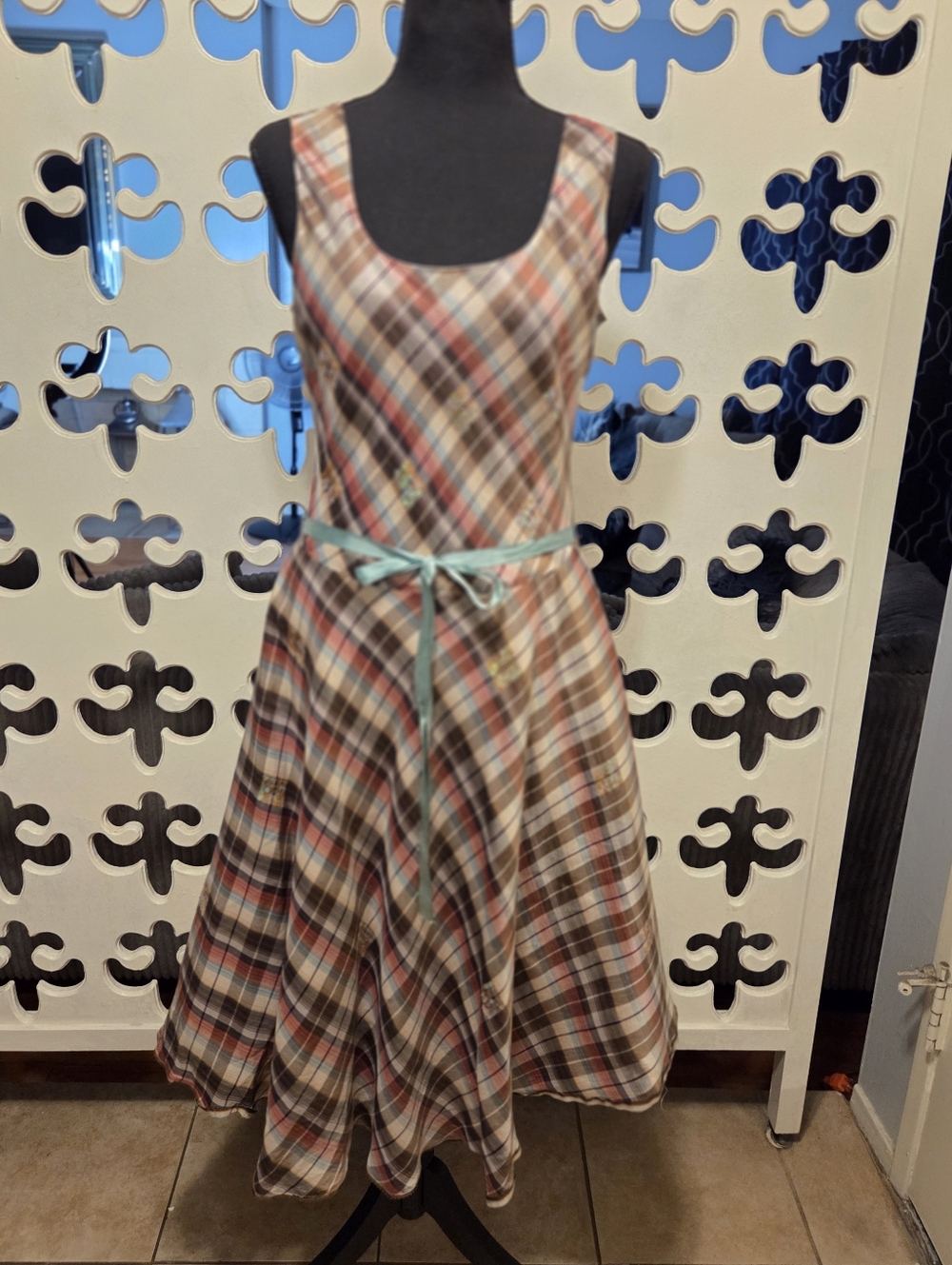 Lapis Plaid Multi-Color Sleeveless Dress with Light Blue Tie